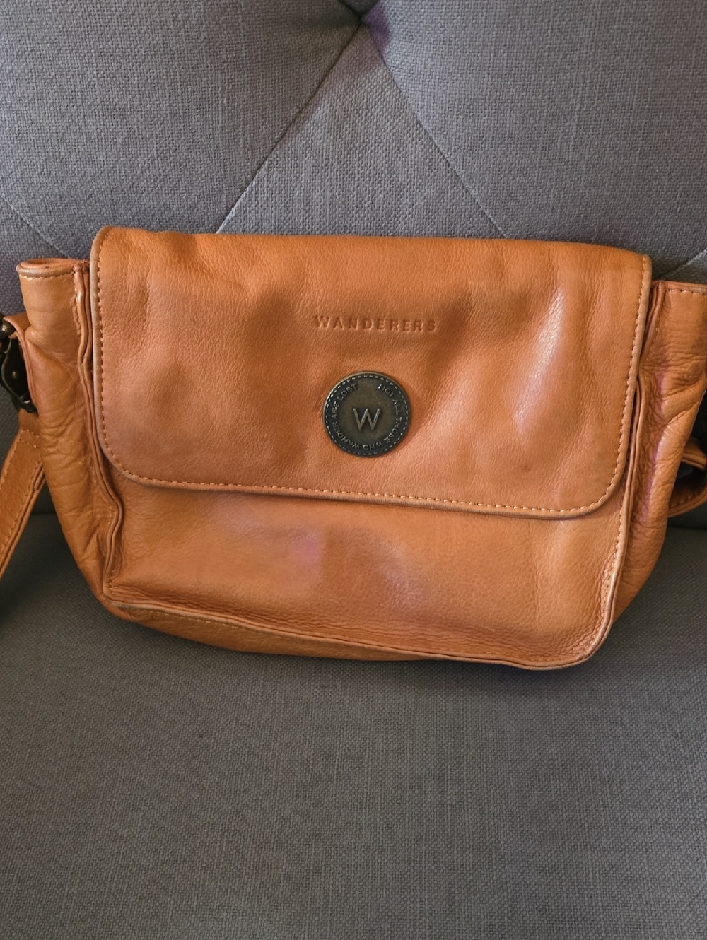 Wander Tan Leather Flap Crossbody with W Medallion